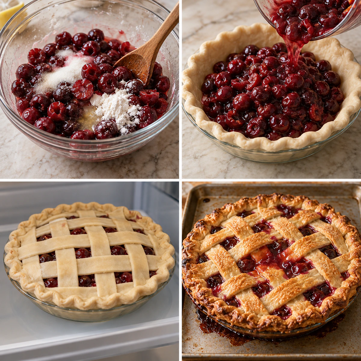 Four chronological preparation stages for Sweet Cherry Filling