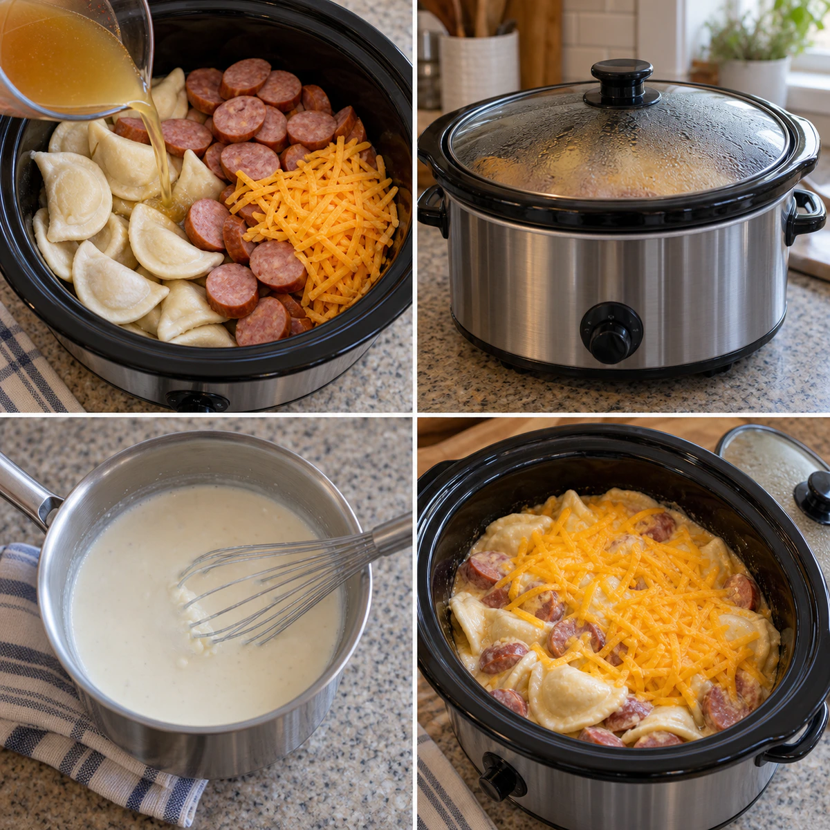 Four chronological preparation stages for Easy Polish Comfort Meal