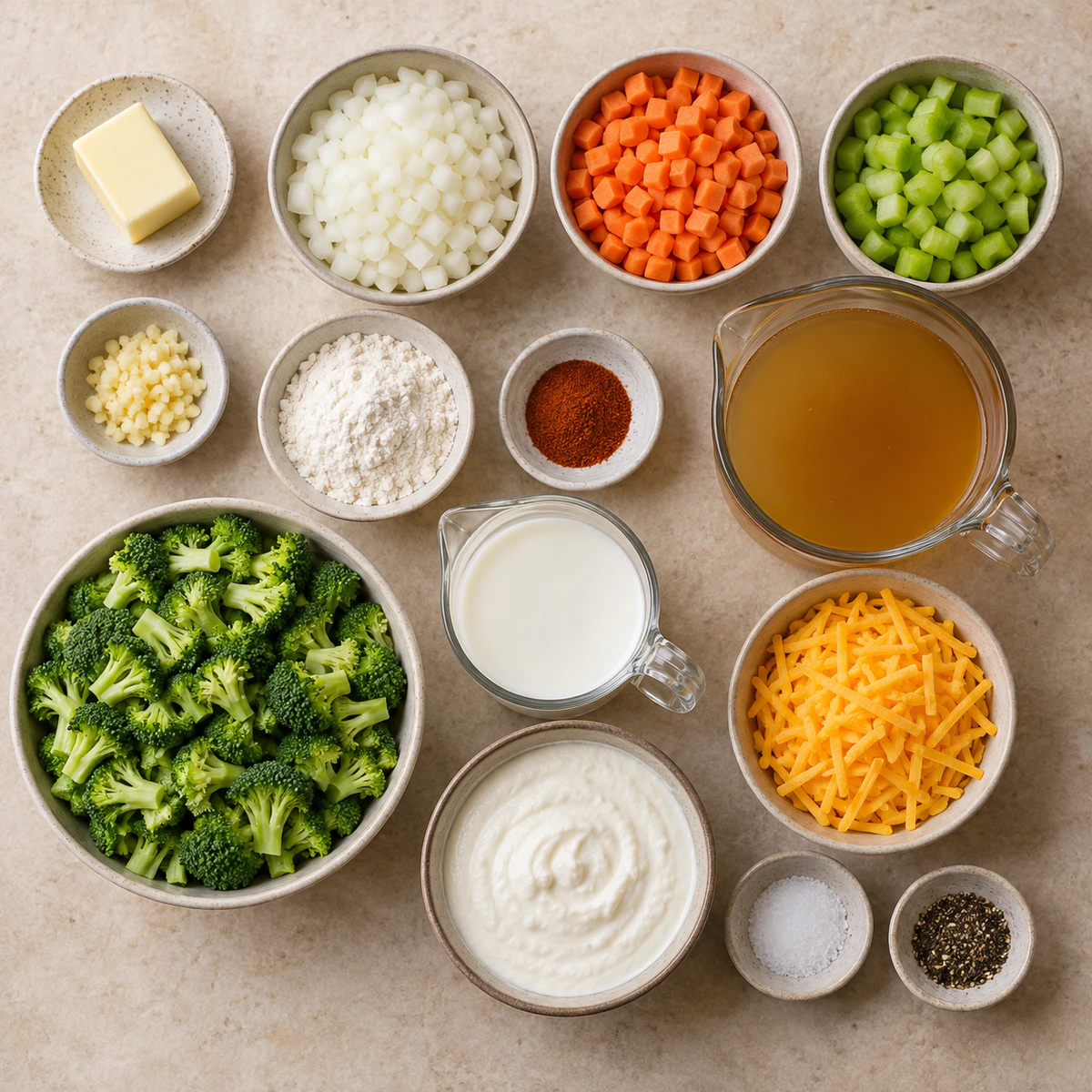 Exact measured ingredients for High Protein Broccoli Cheddar Soup