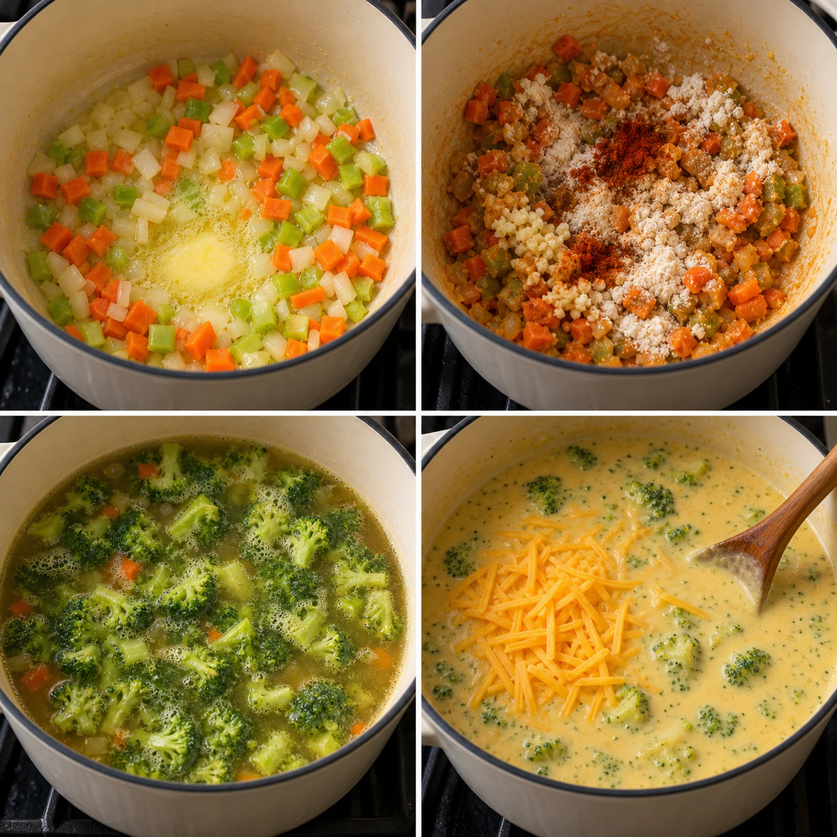Four chronological preparation stages for High Protein Broccoli Cheddar Soup