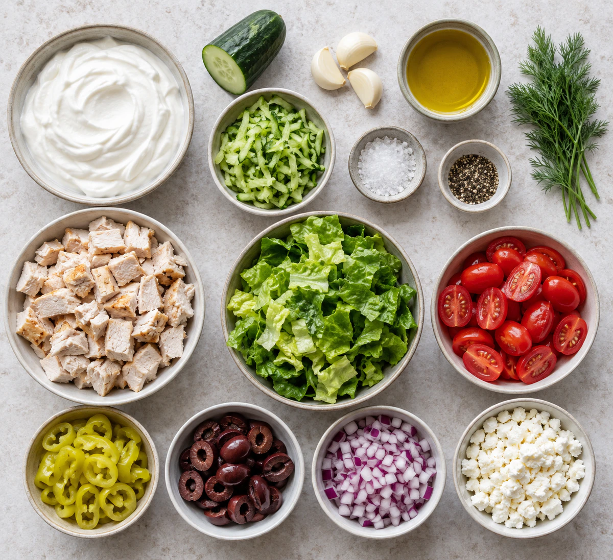 Exact measured ingredients for Mediterranean Delight: Tzatziki Chicken Salad