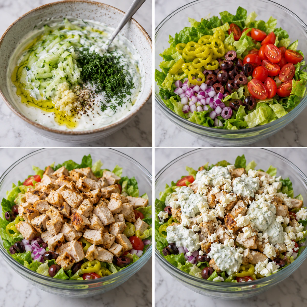 Four chronological preparation stages for Mediterranean Delight: Tzatziki Chicken Salad