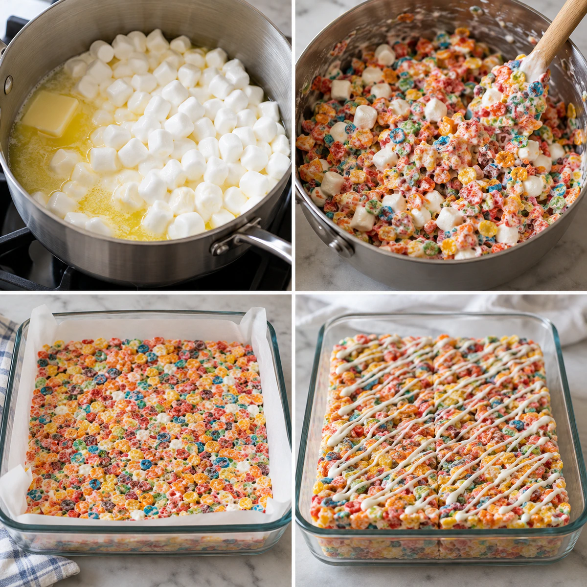 Four chronological preparation stages for No-Bake Cereal Bars