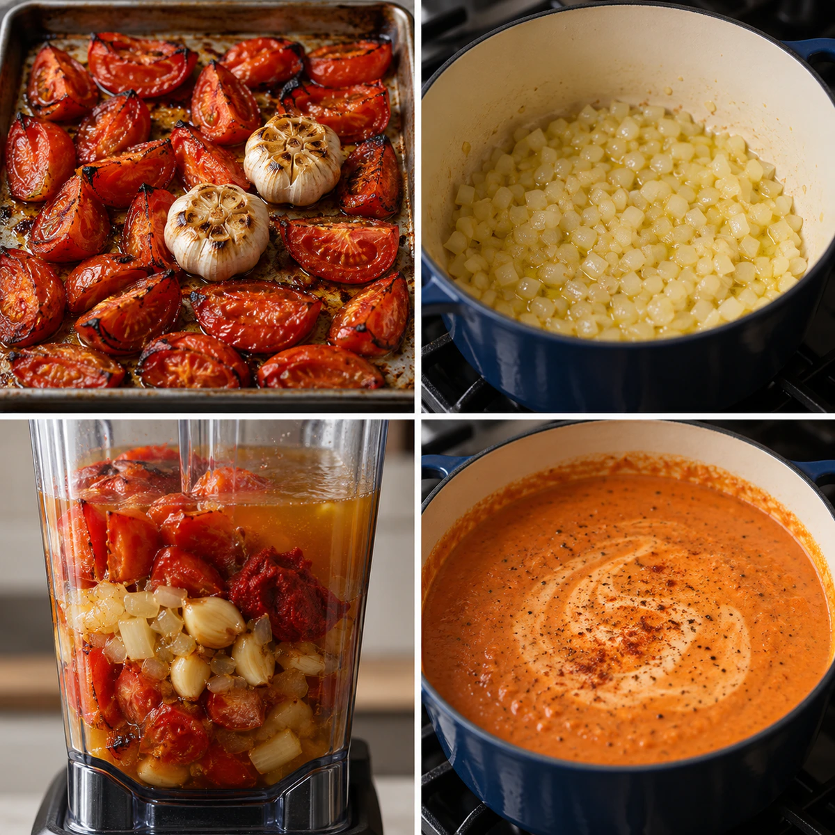 Four chronological preparation stages for Creamy Roasted Garlic Tomato Soup