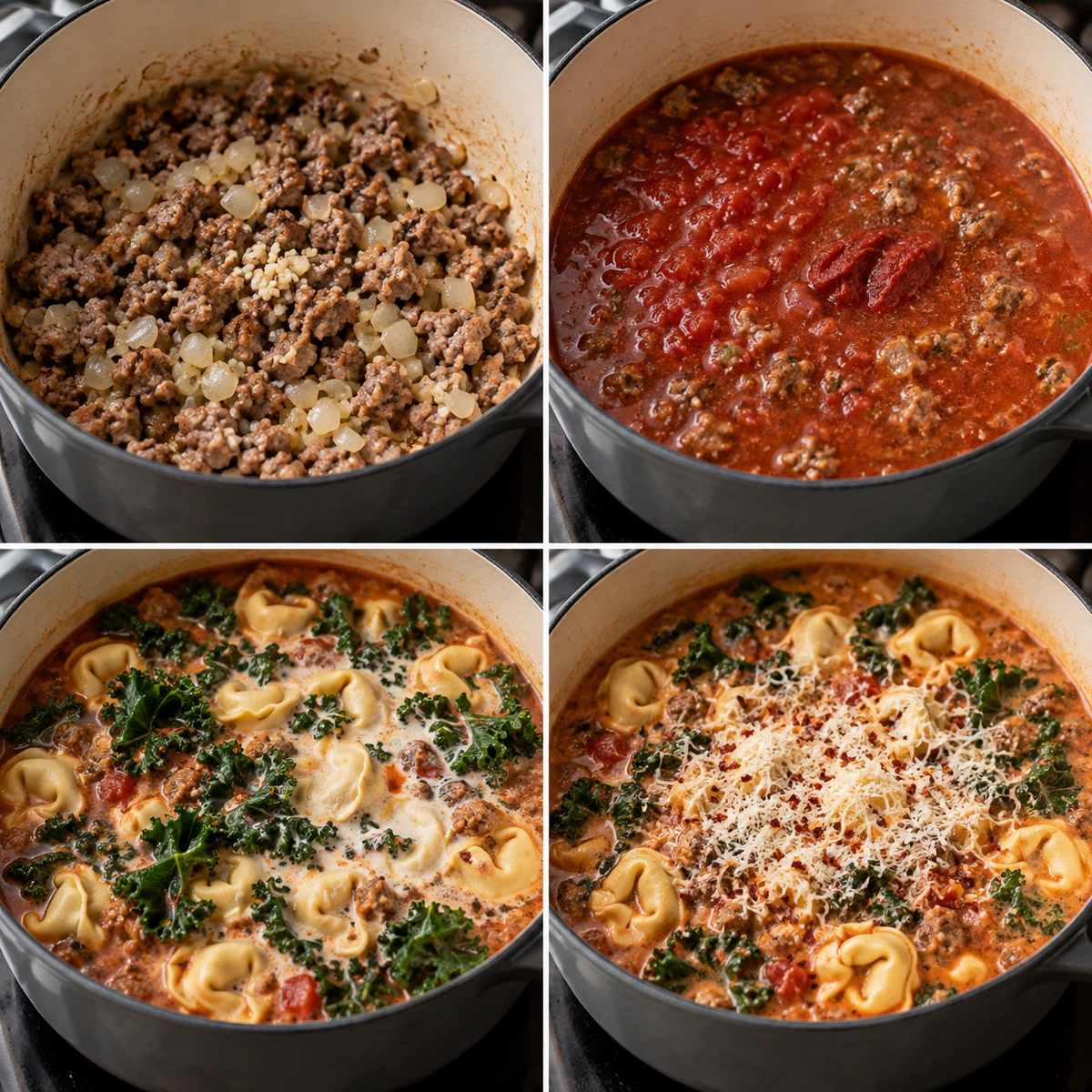 Four chronological preparation stages for Creamy Pasta Soup