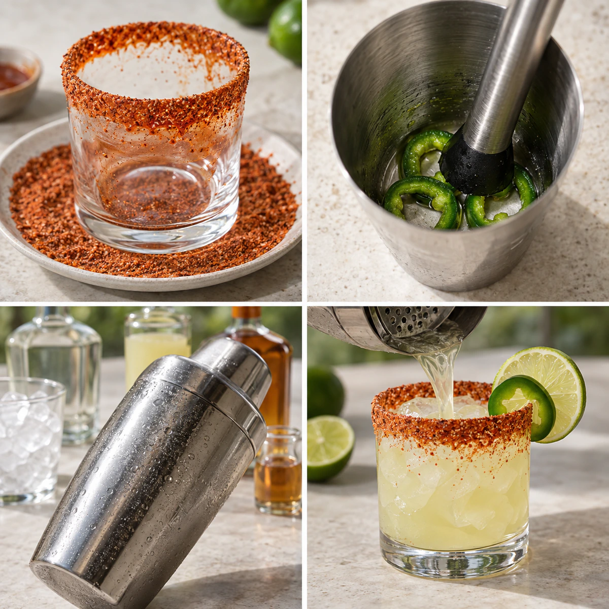 Four chronological preparation stages for Fresh Jalapeño Cocktail