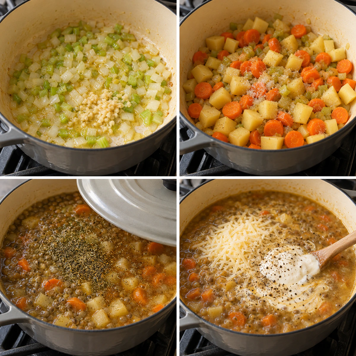 Four chronological preparation stages for Vegetarian Lentil Soup