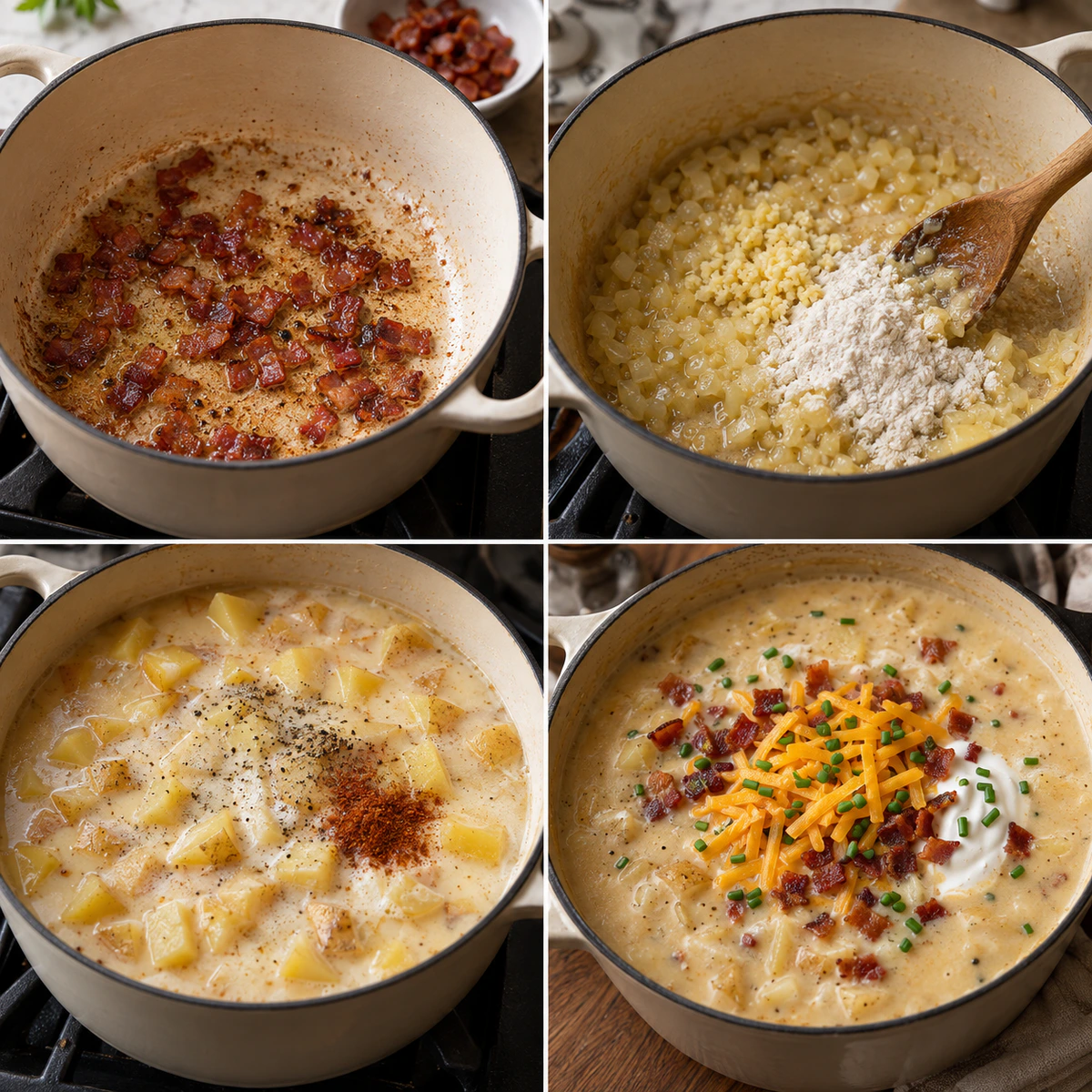 Four chronological preparation stages for Creamy Potato Soup