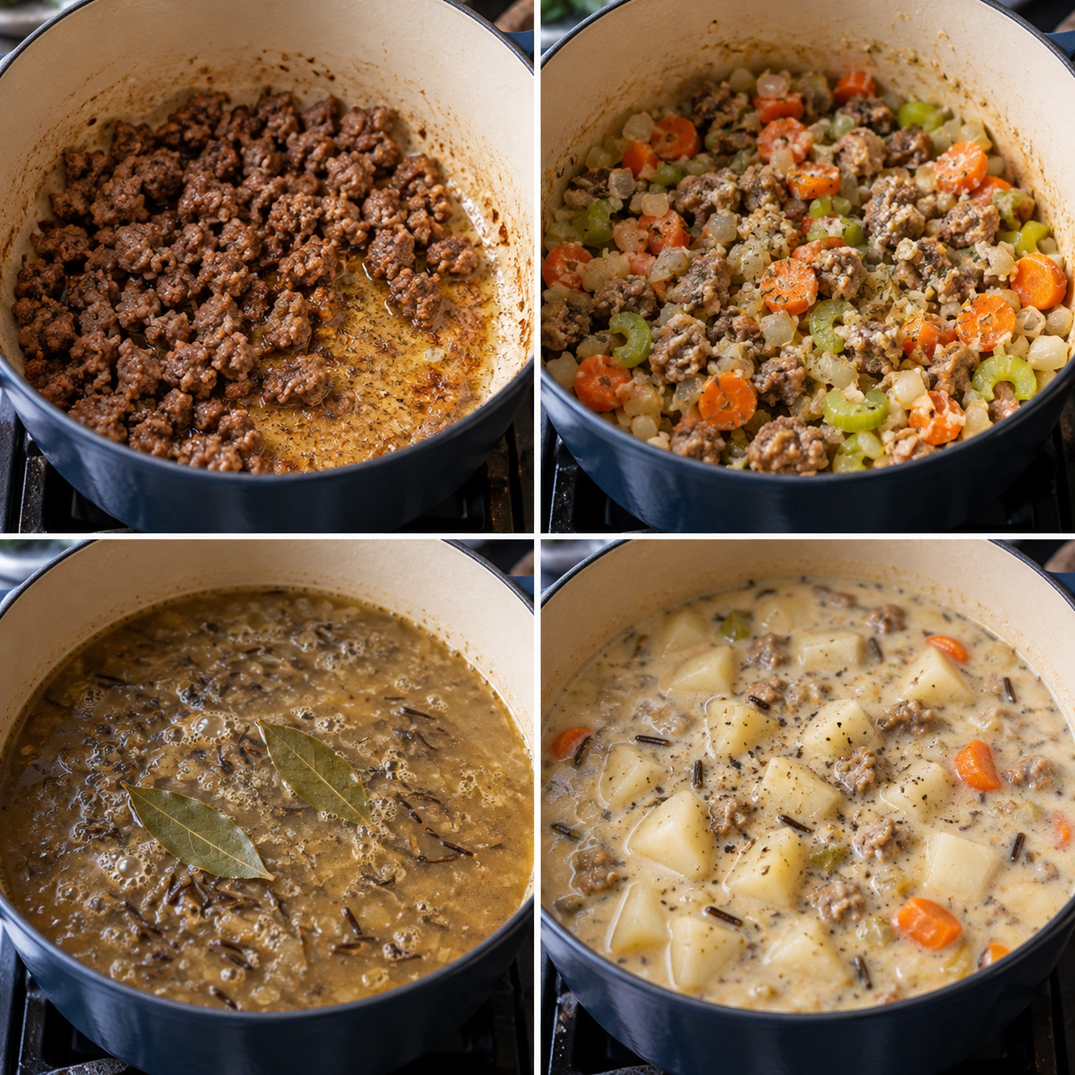 Four chronological preparation stages for Potato and Sausage Chowder