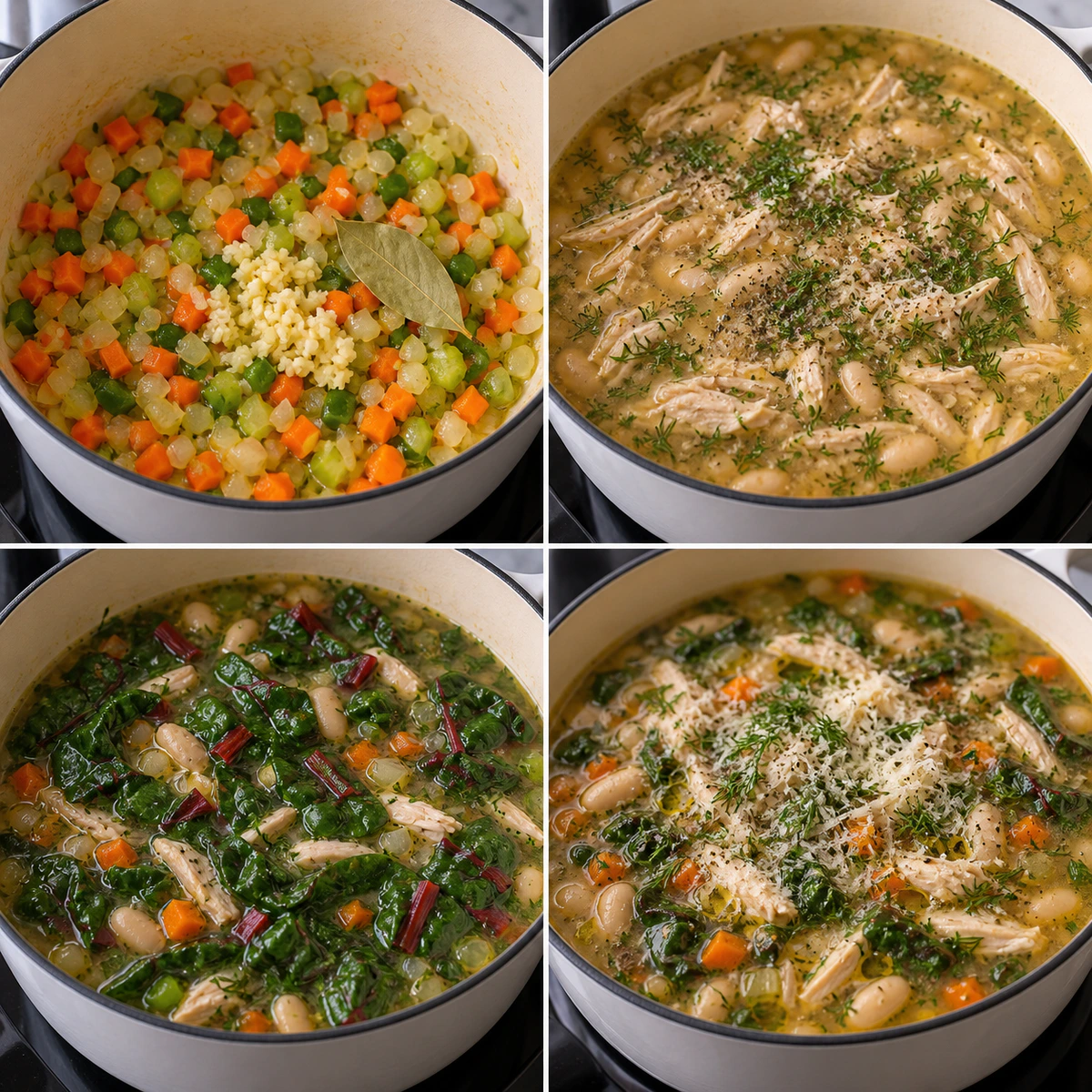 Four chronological preparation stages for Hearty Comfort Soup