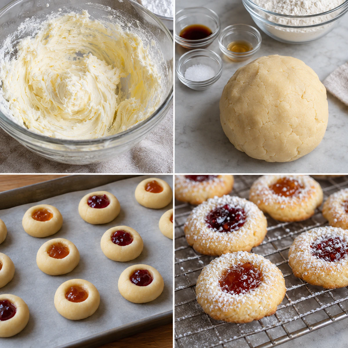 Four chronological preparation stages for Buttery Jam Thumbprints