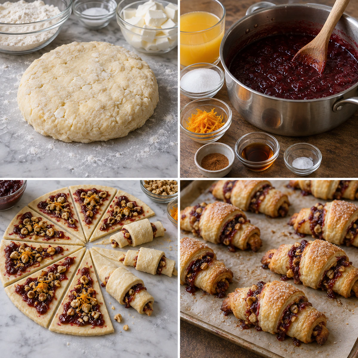 Four chronological preparation stages for Cranberry Orange Rugelach