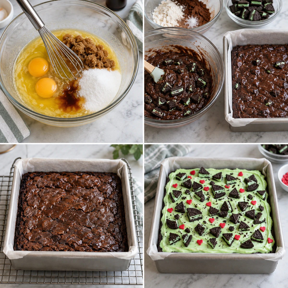 Four chronological preparation stages for Grinch Brownies