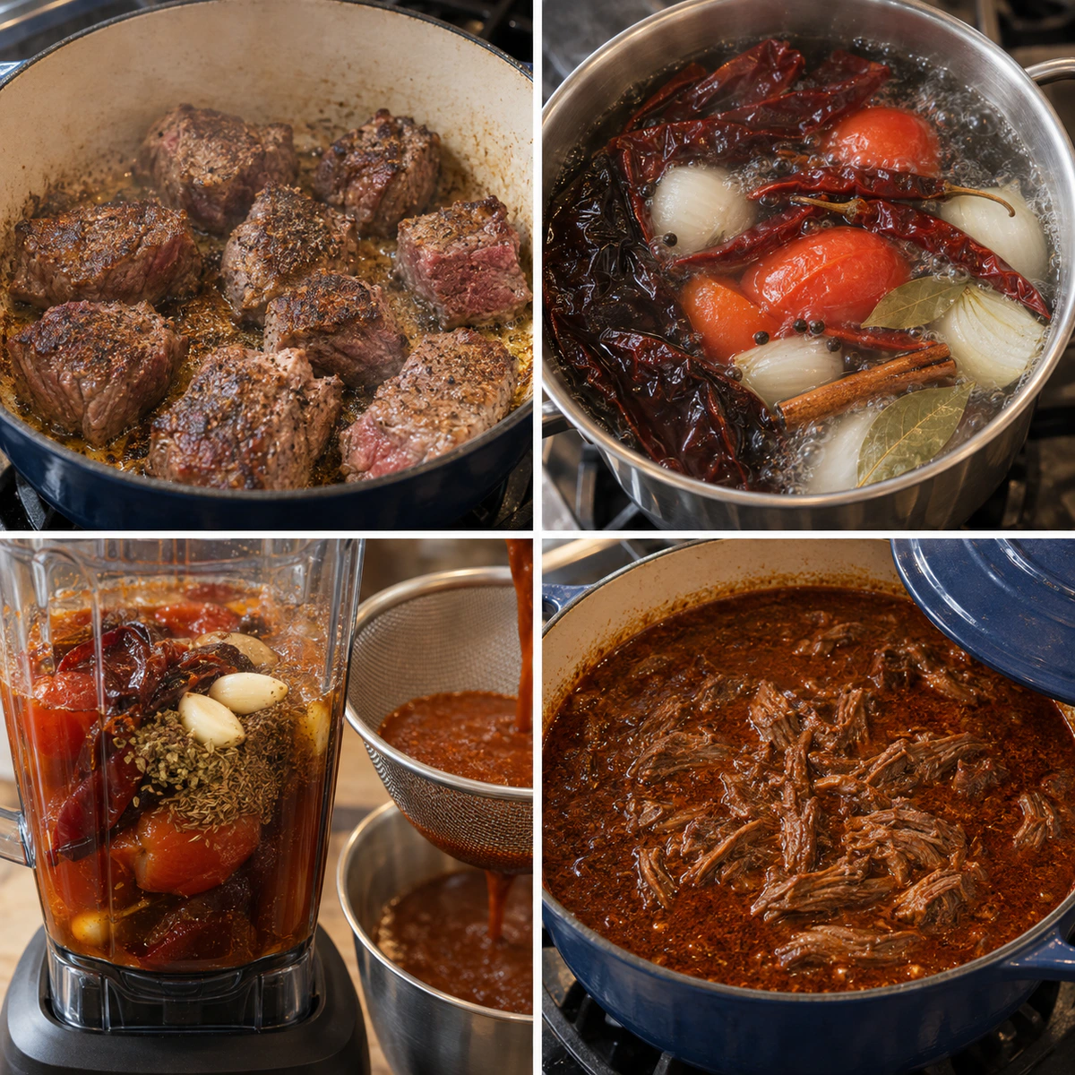 Four chronological preparation stages for Rich Beef Stew
