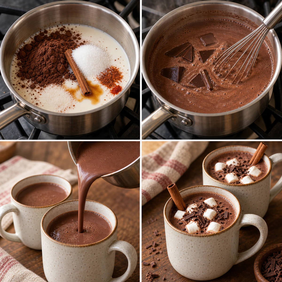 Four chronological preparation stages for Spicy Cinnamon Hot Cocoa