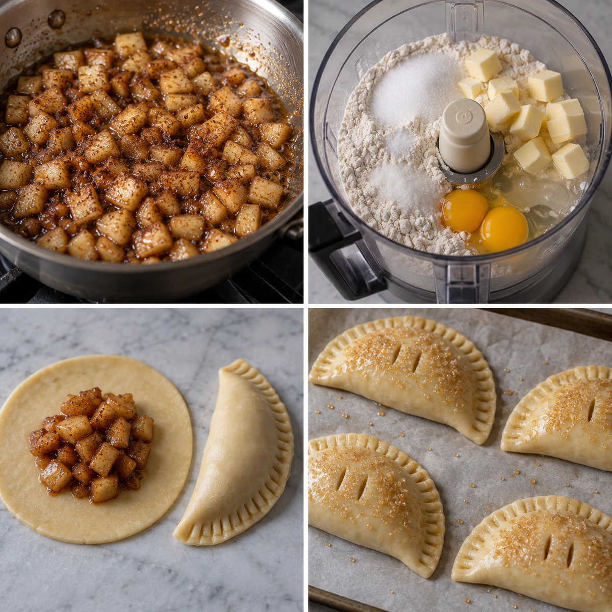 Four chronological preparation stages for Sweet Apple Hand Pies