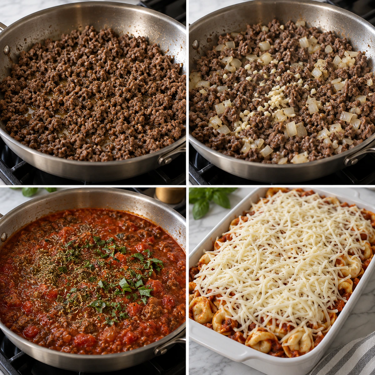 Four chronological preparation stages for Beef Cheese Tortellini Bake