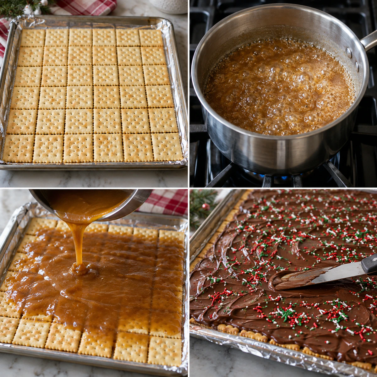 Four chronological preparation stages for Christmas Crack Toffee