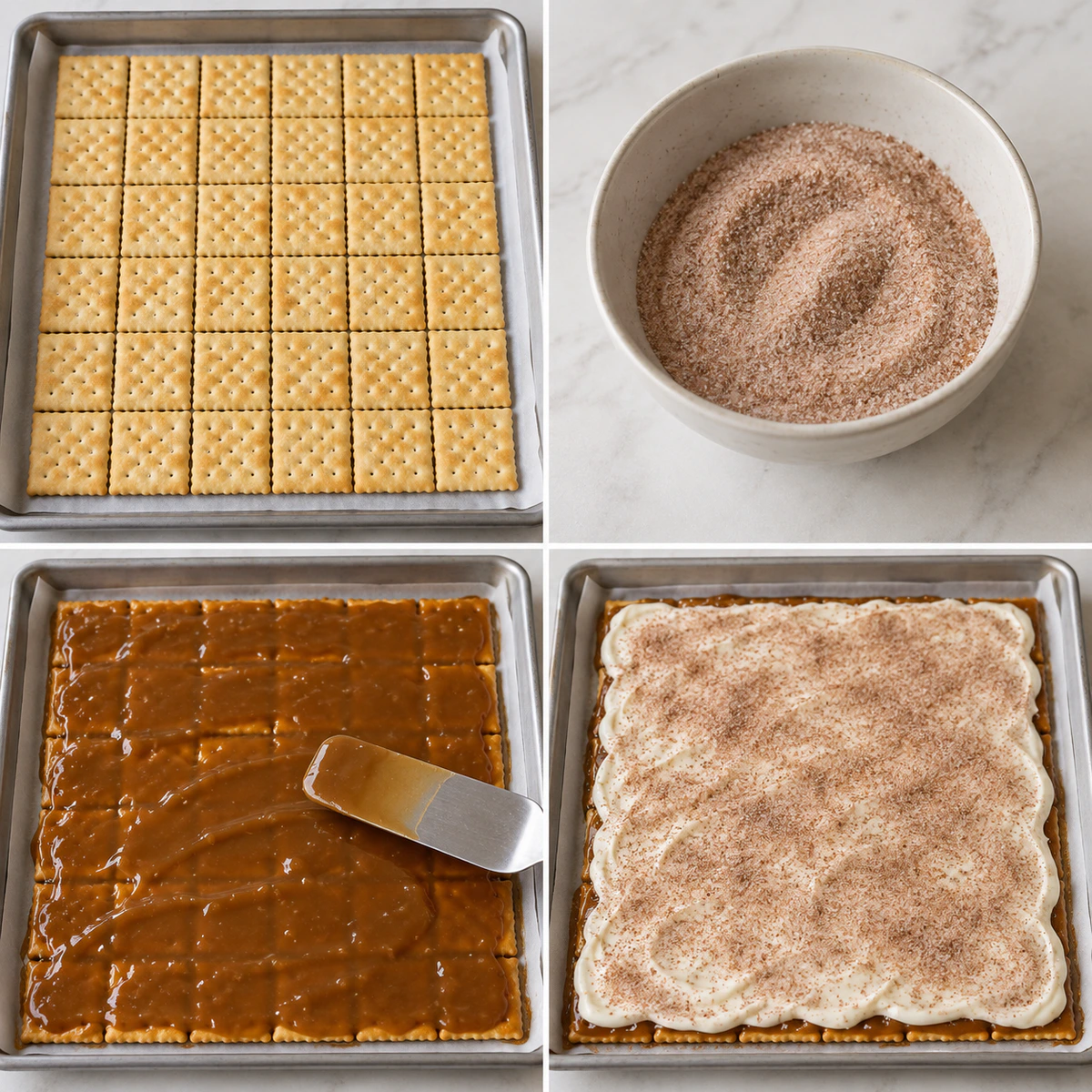 Four chronological preparation stages for Churro Saltine Toffee