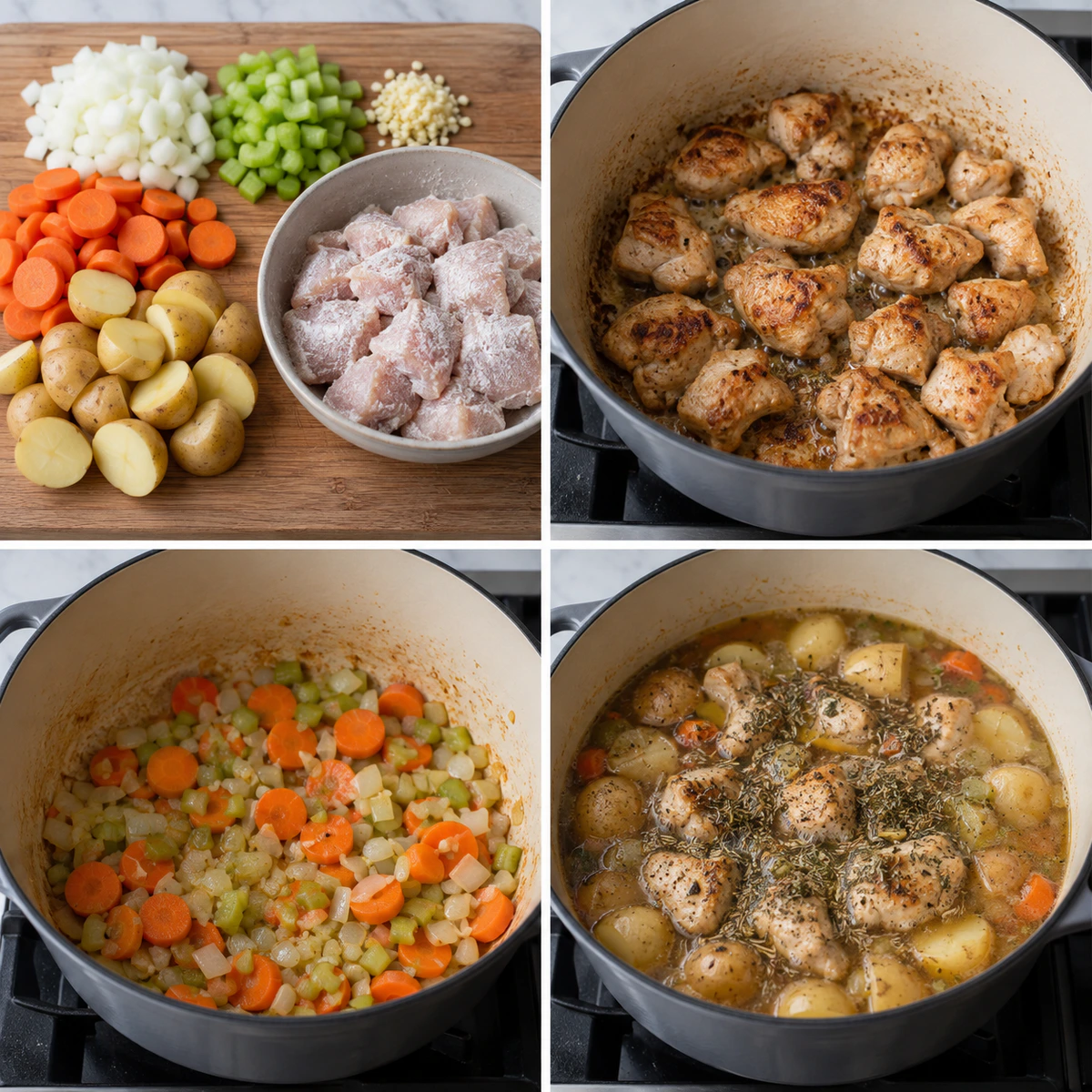 Four chronological preparation stages for Chicken Stew