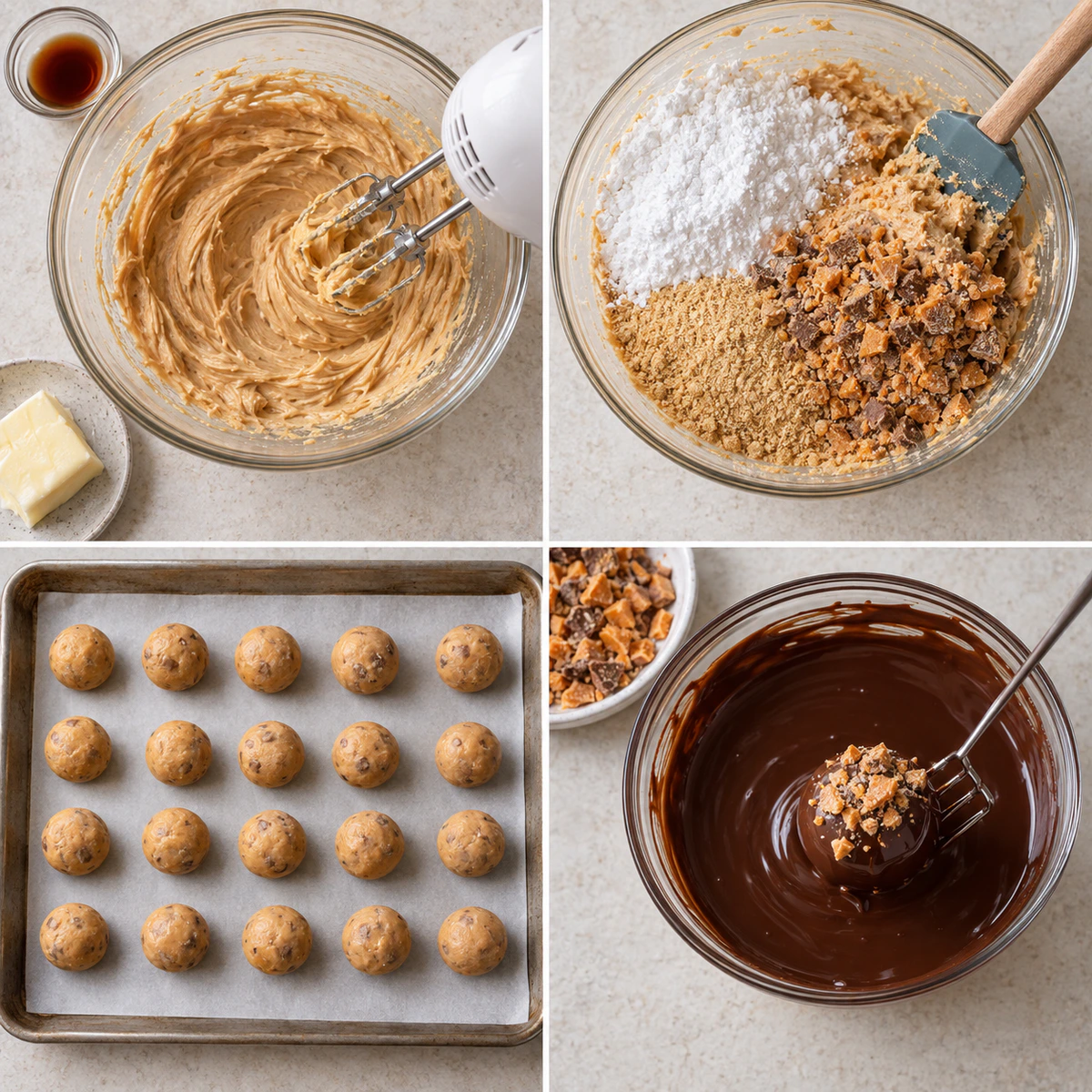 Four chronological preparation stages for Sweet Peanut Butter Treats