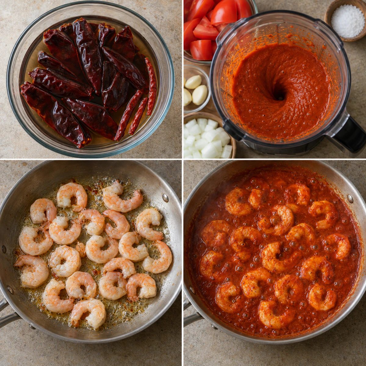 Four chronological preparation stages for Spicy Mexican Devil Shrimp