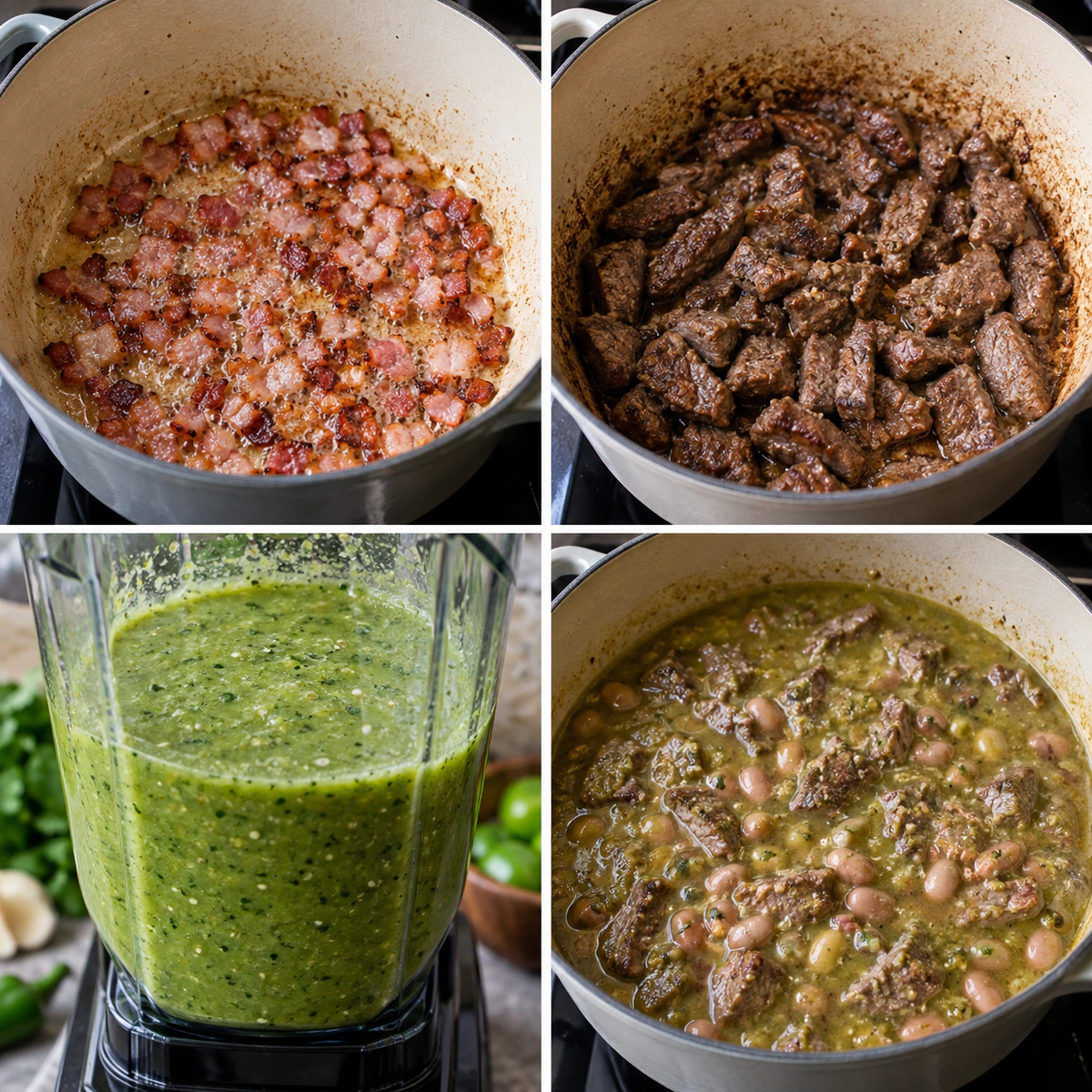 Four chronological preparation stages for Mexican Beef Stew