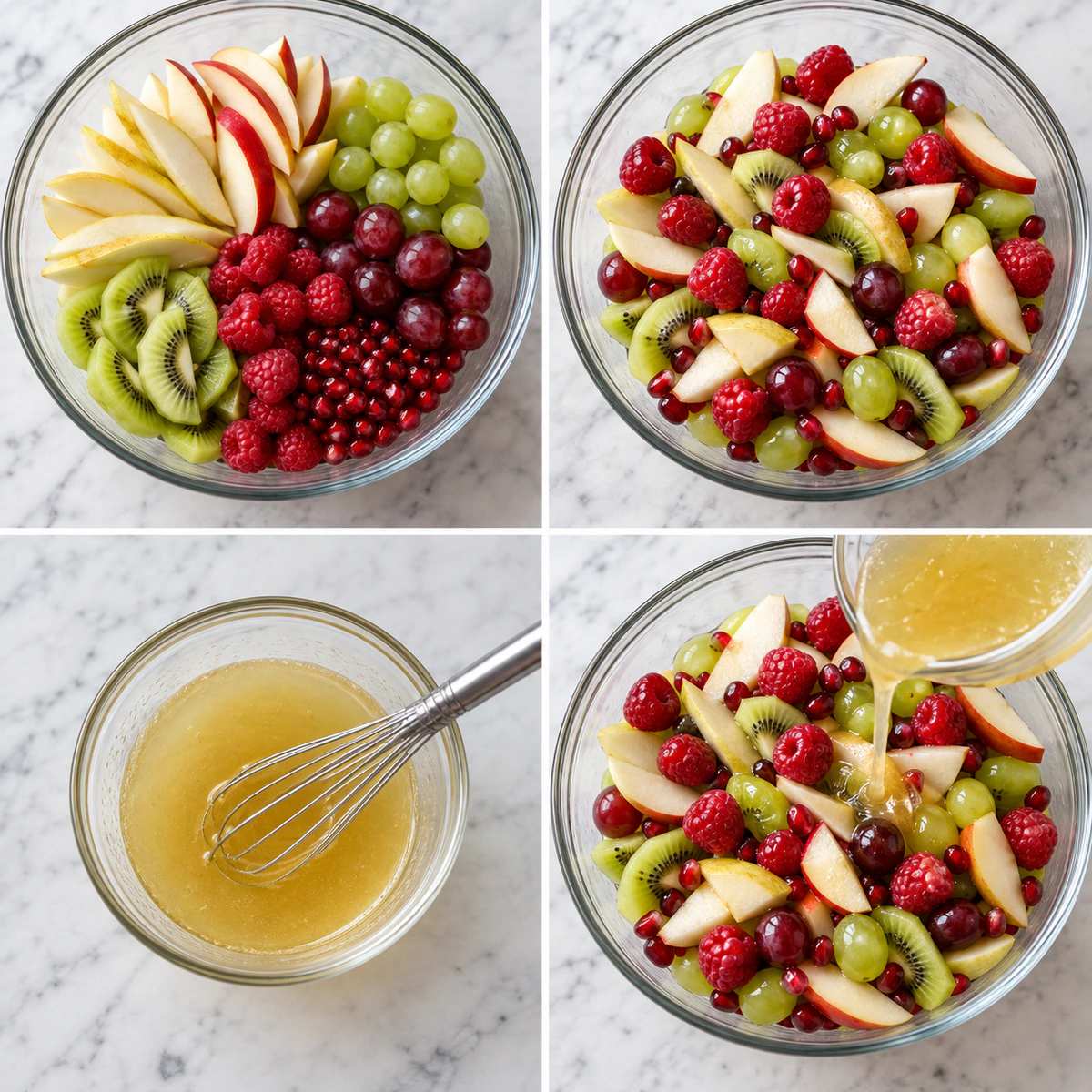 Four chronological preparation stages for Christmas Fruit Salad