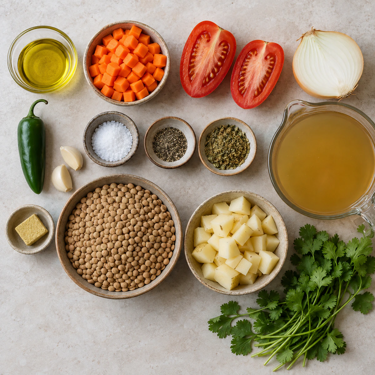 Exact measured ingredients for Easy Lentil Comfort Bowl