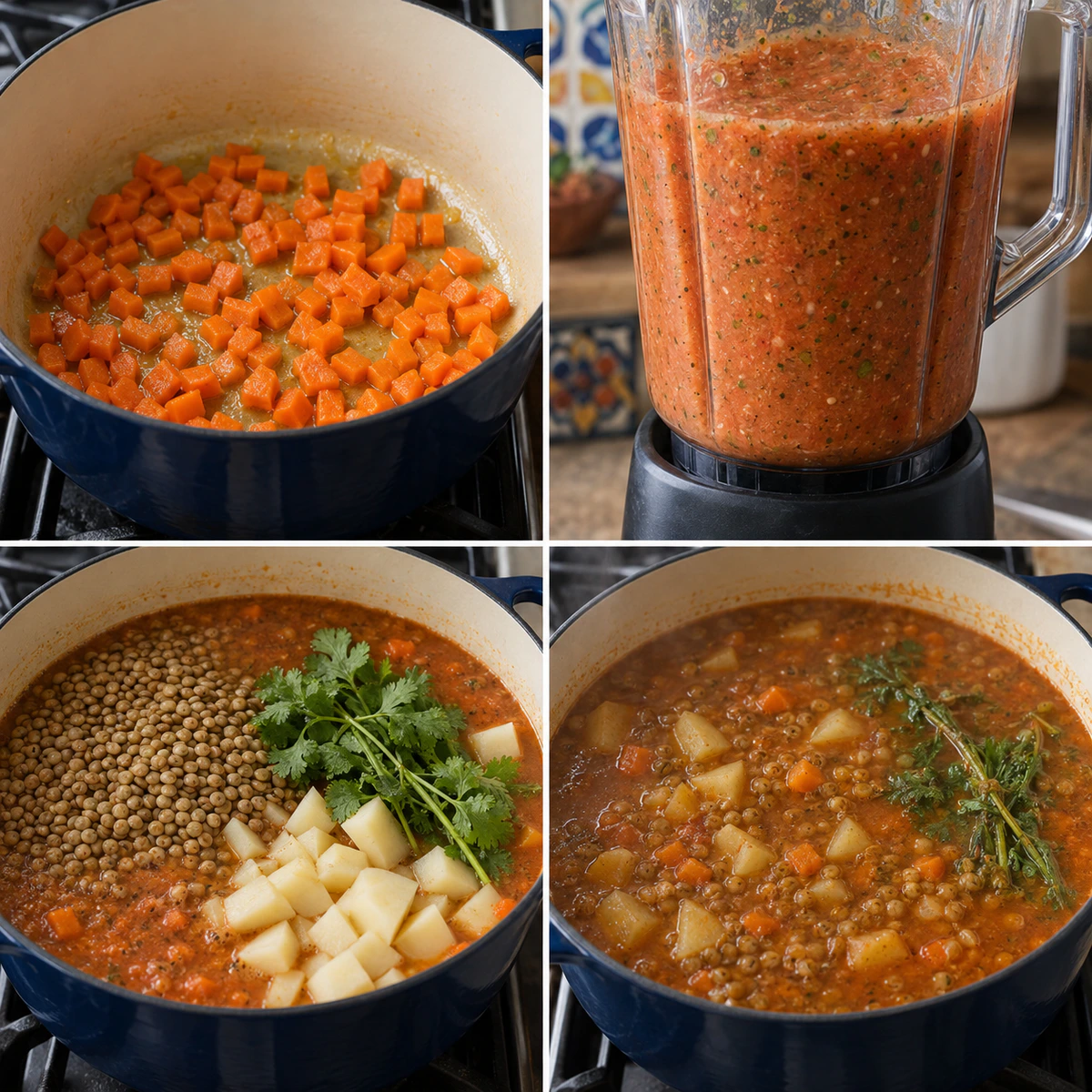 Four chronological preparation stages for Easy Lentil Comfort Bowl