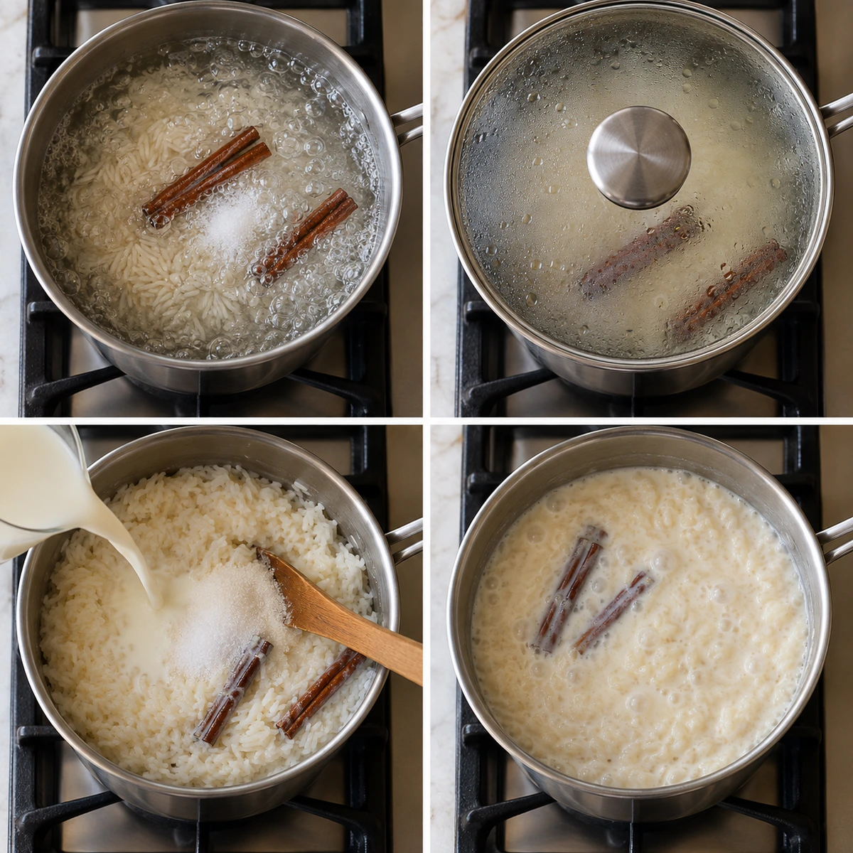 Four chronological preparation stages for Mexican Rice Pudding