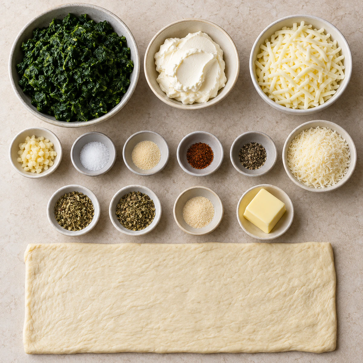 Exact measured ingredients for Christmas Tree Spinach Breadsticks