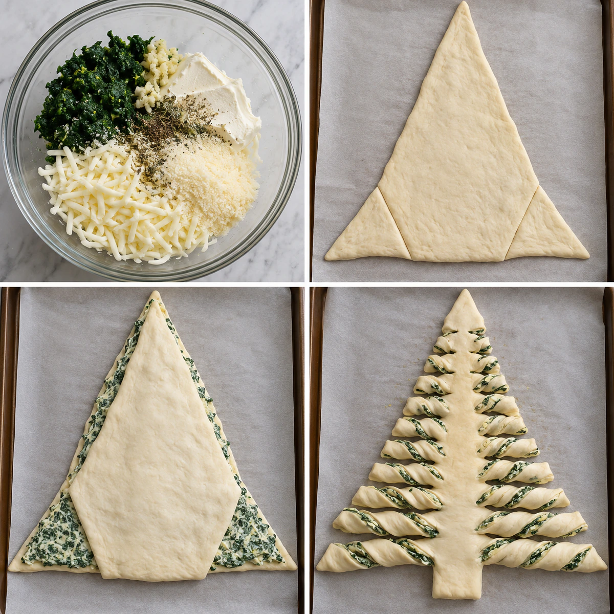 Four chronological preparation stages for Christmas Tree Spinach Breadsticks