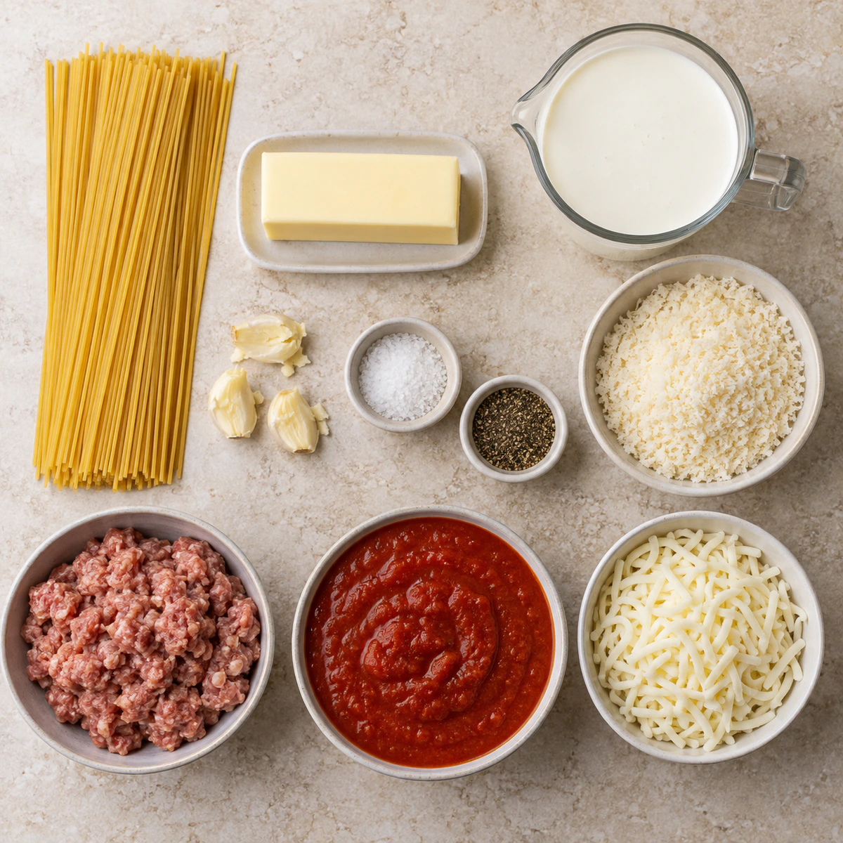 Exact measured ingredients for Creamy Baked Pasta Classic