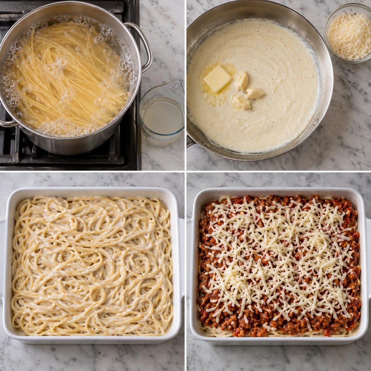 Four chronological preparation stages for Creamy Baked Pasta Classic