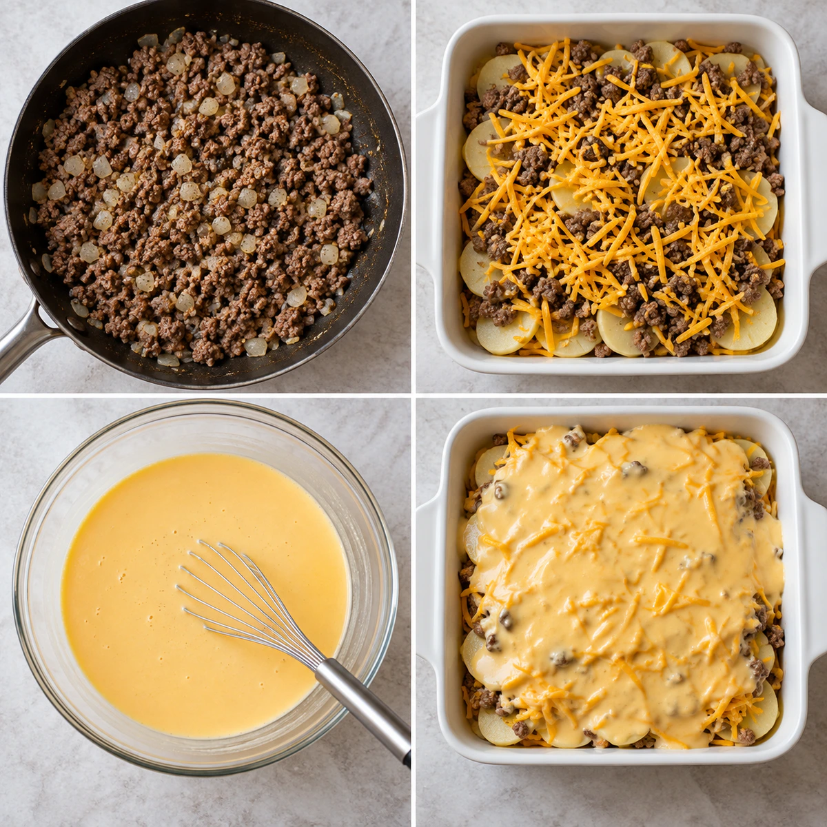 Four chronological preparation stages for Layered Beef Potato Bake