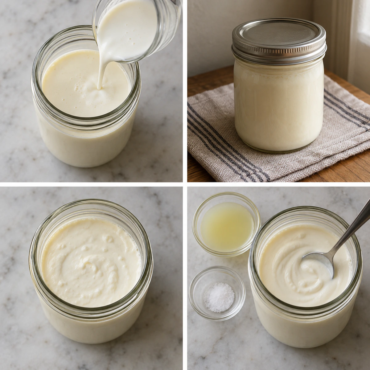 Four chronological preparation stages for Traditional Mexican Cream Sauce