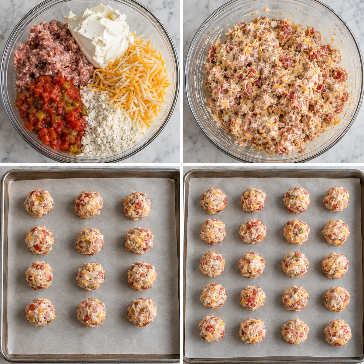 Four chronological preparation stages for Cheesy Sausage Party Bites