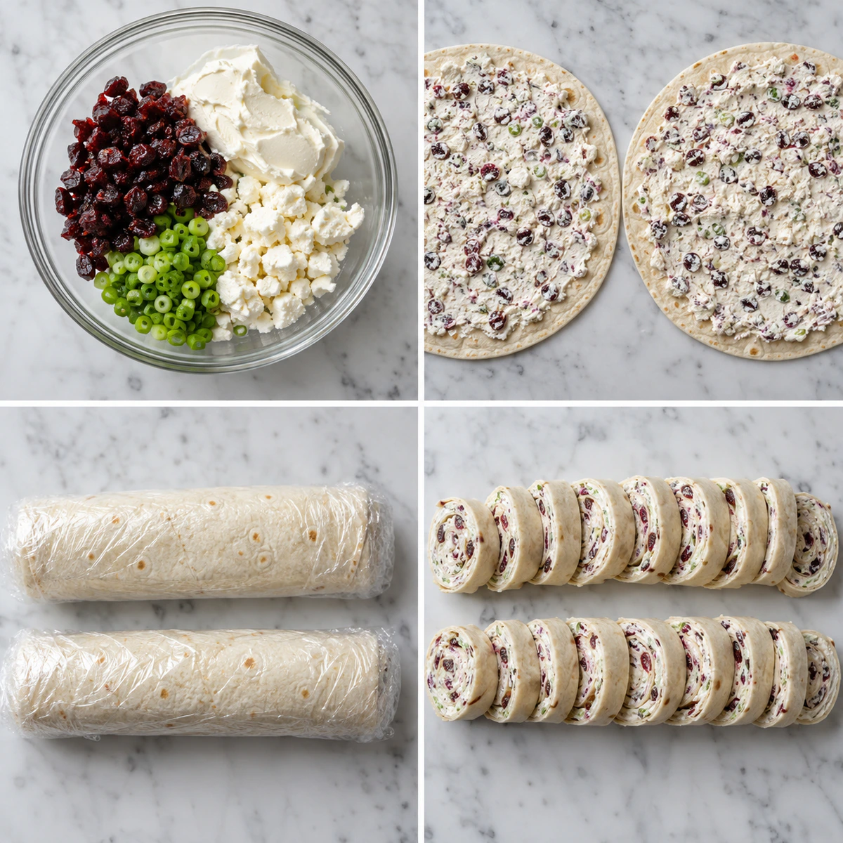 Four chronological preparation stages for Cranberry Feta Pinwheels