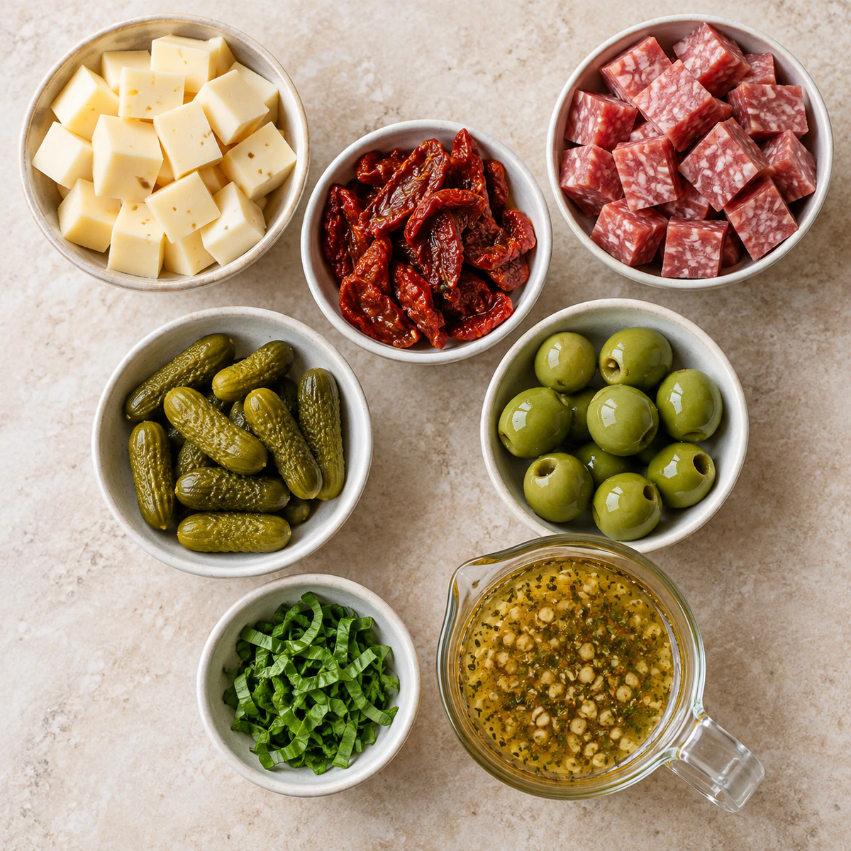 Exact measured ingredients for Marinated Cheese Antipasto