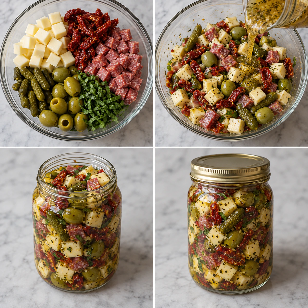 Four chronological preparation stages for Marinated Cheese Antipasto