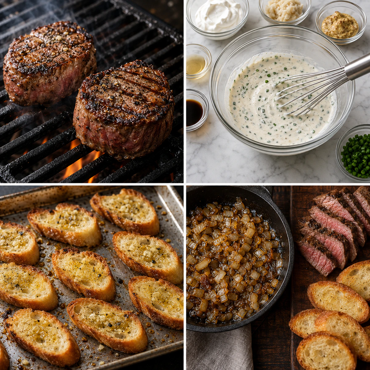 Four chronological preparation stages for Steak Crostini Horseradish