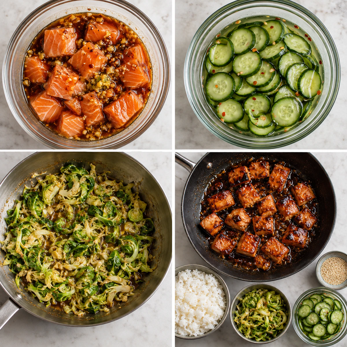 Four chronological preparation stages for Teriyaki Salmon Bowl