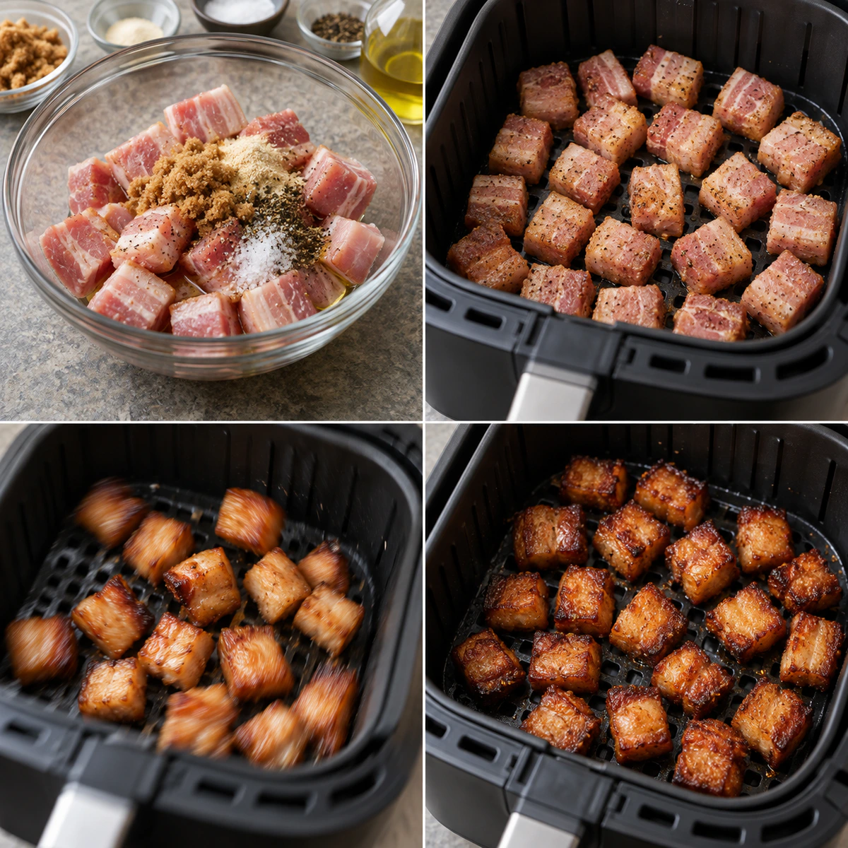 Four chronological preparation stages for Crispy Pork Belly Bites