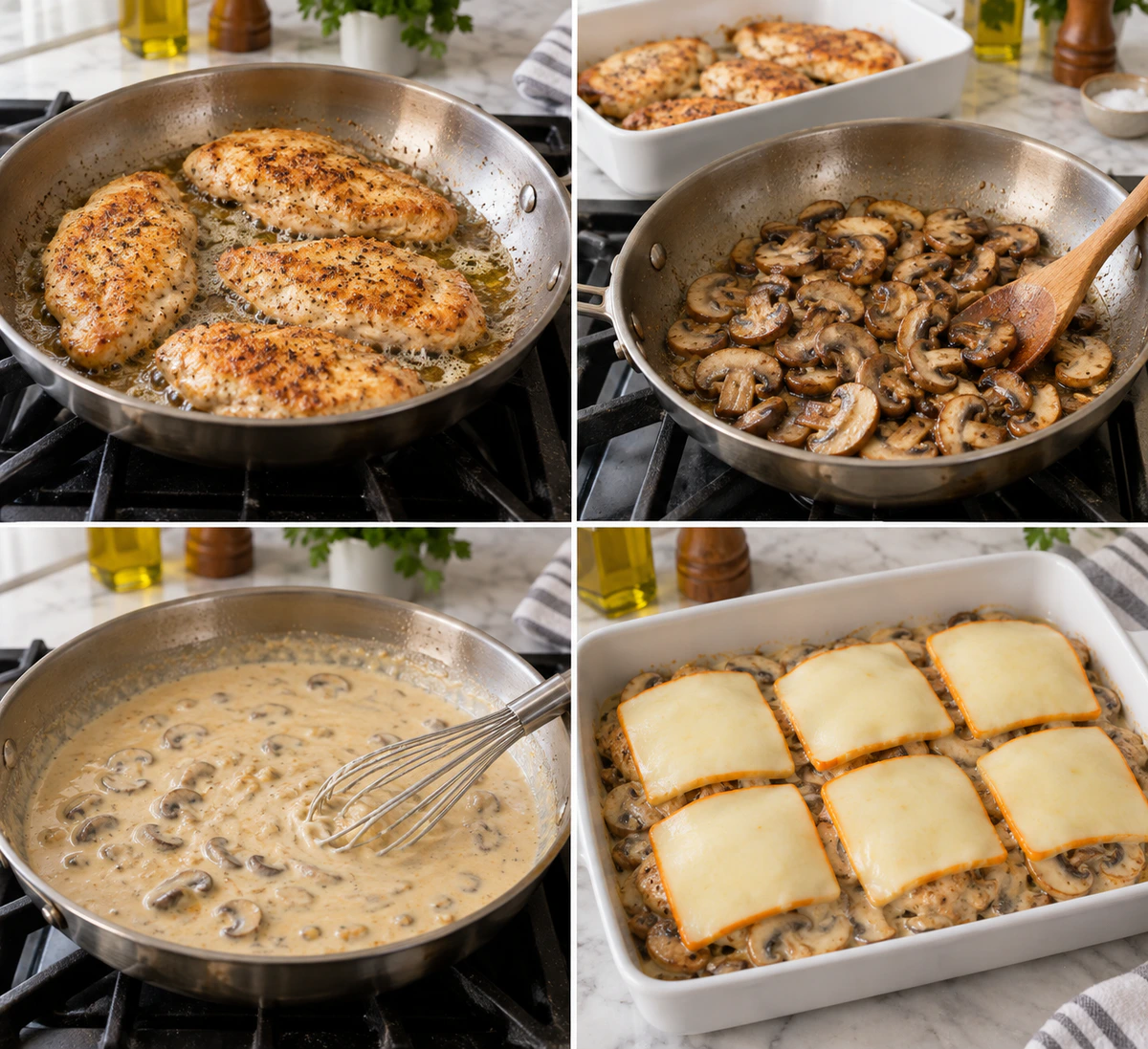 Four chronological preparation stages for Creamy Mushroom Chicken Bake
