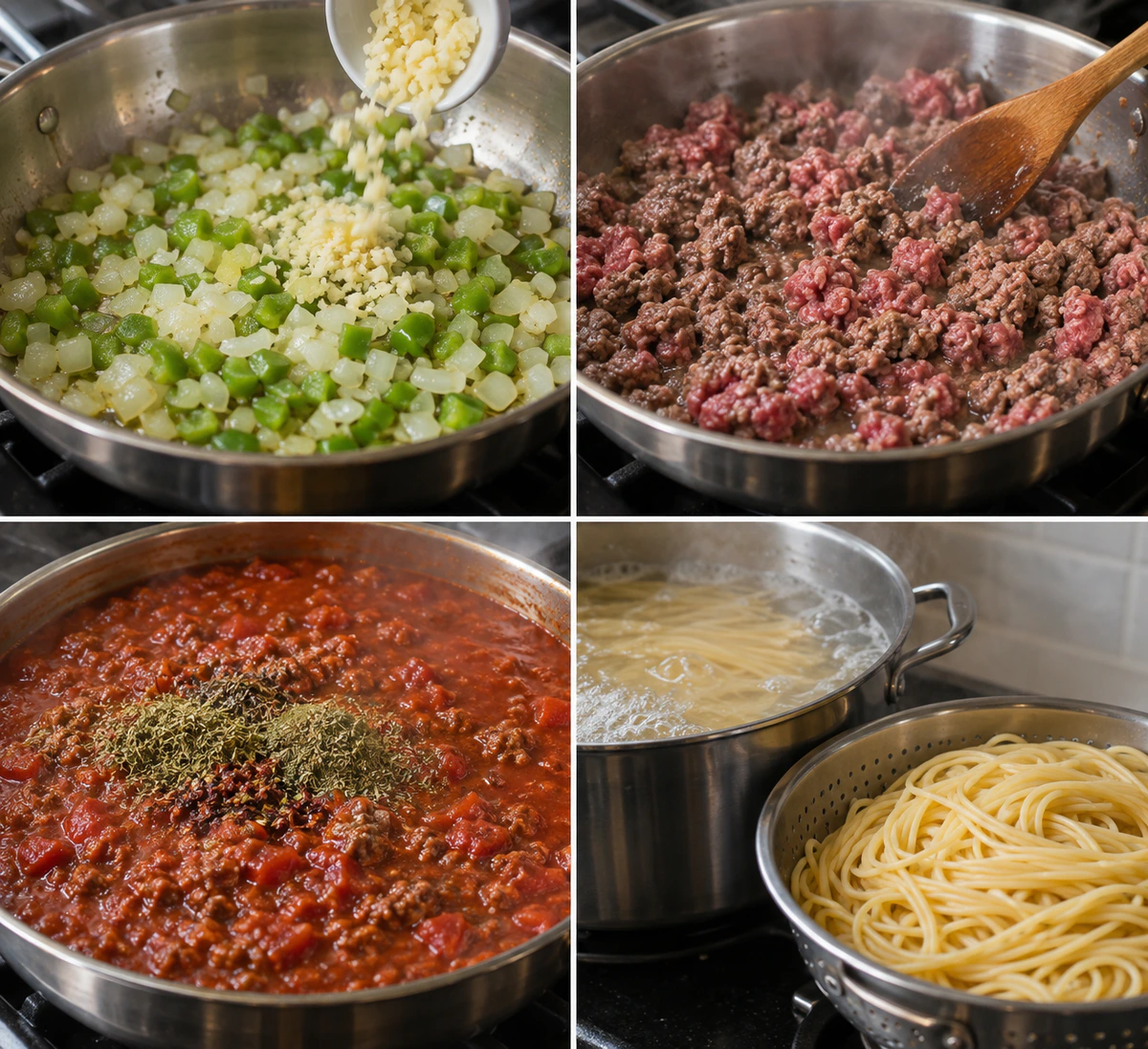 Four chronological preparation stages for Hearty Spaghetti Meat Sauce