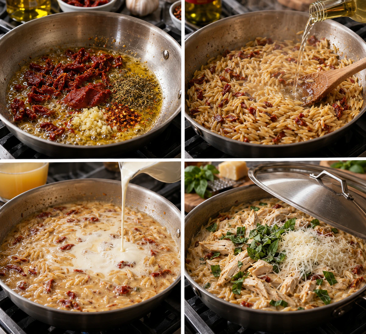 Four chronological preparation stages for Creamy One-Pot Chicken Orzo