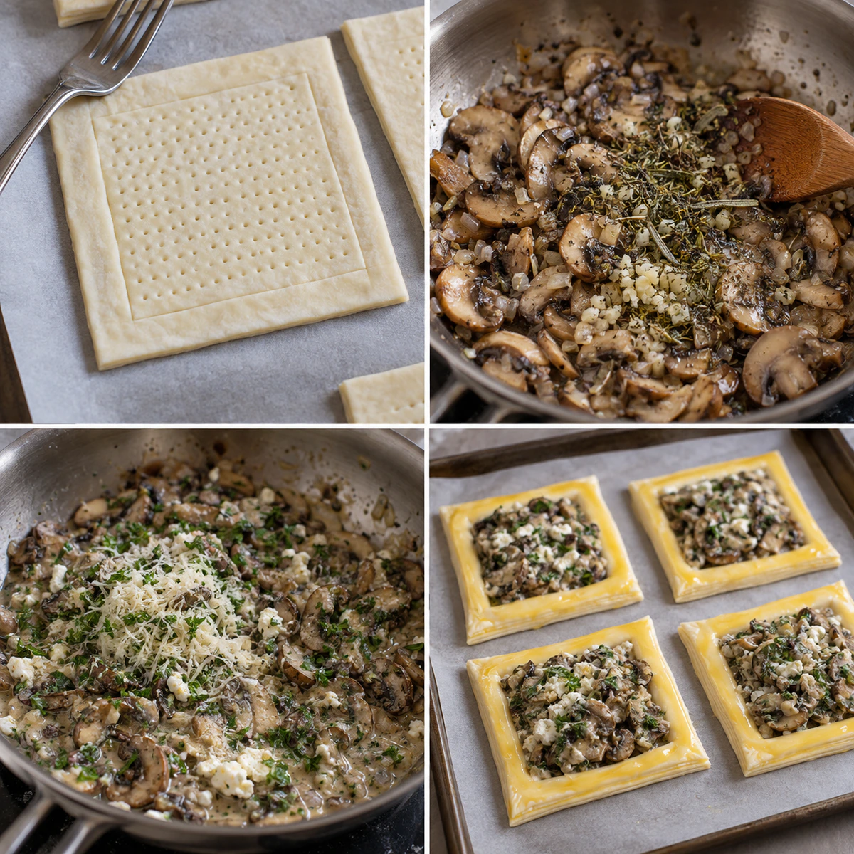 Four chronological preparation stages for Mushroom Goat Cheese Tarts