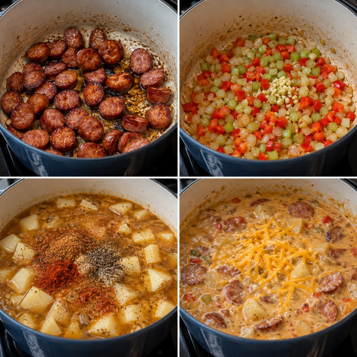 Four chronological preparation stages for Spicy Sausage Potato Soup