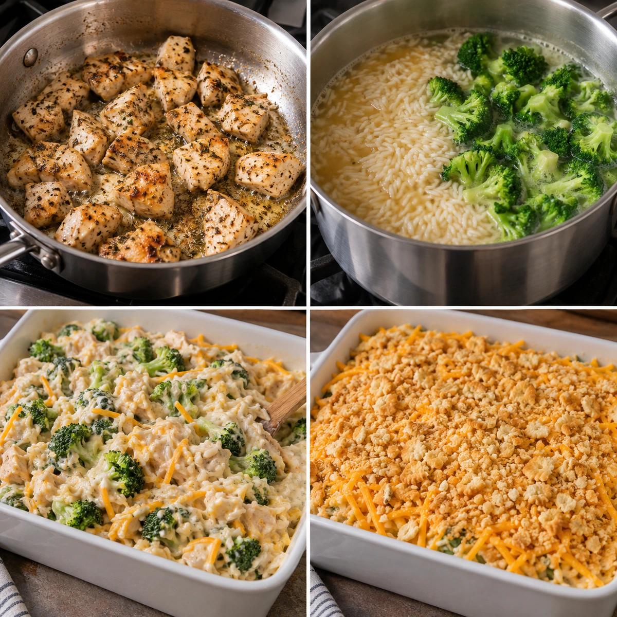 Four chronological preparation stages for Cheesy Rice & Chicken Bake